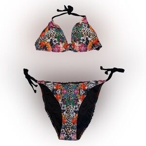 3-Piece Floral Animal Print Bikini Set w/ Skirt Cover-Up | Size L
